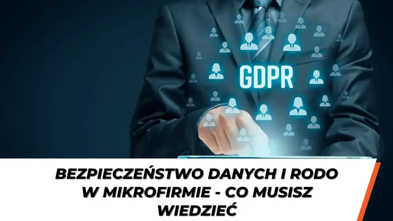 Biznesmen dotyka ekranu z napisem GDPR, symbolizującym bezpieczeństwo danych i ustawę RODO.