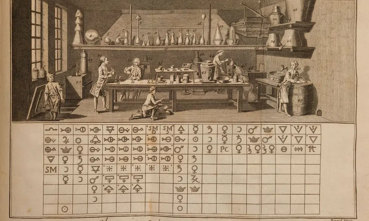 Ilustracja z wielkiej encyklopedii francuskiej przedstawia alchemików w laboratorium, pracujących z aparaturą i symbolami.