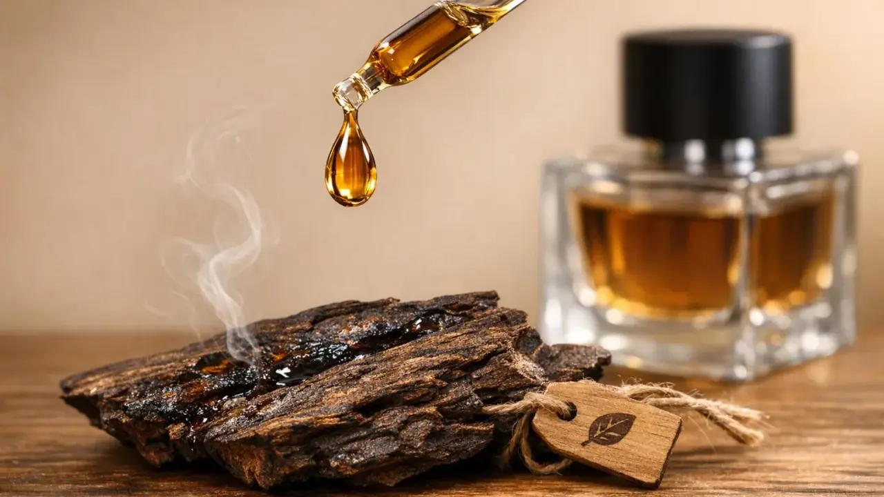 Goutte d'huile dorée tombant d'une pipette sur un morceau de bois fumant, évoquant l'origine oud pour un parfum luxueux.
