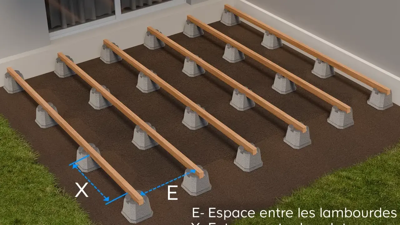 Schéma de montage d'une terrasse en bois : plots béton supportant des lambourdes en bois. Indication de l'entraxe (X) et de l'espacement (E).