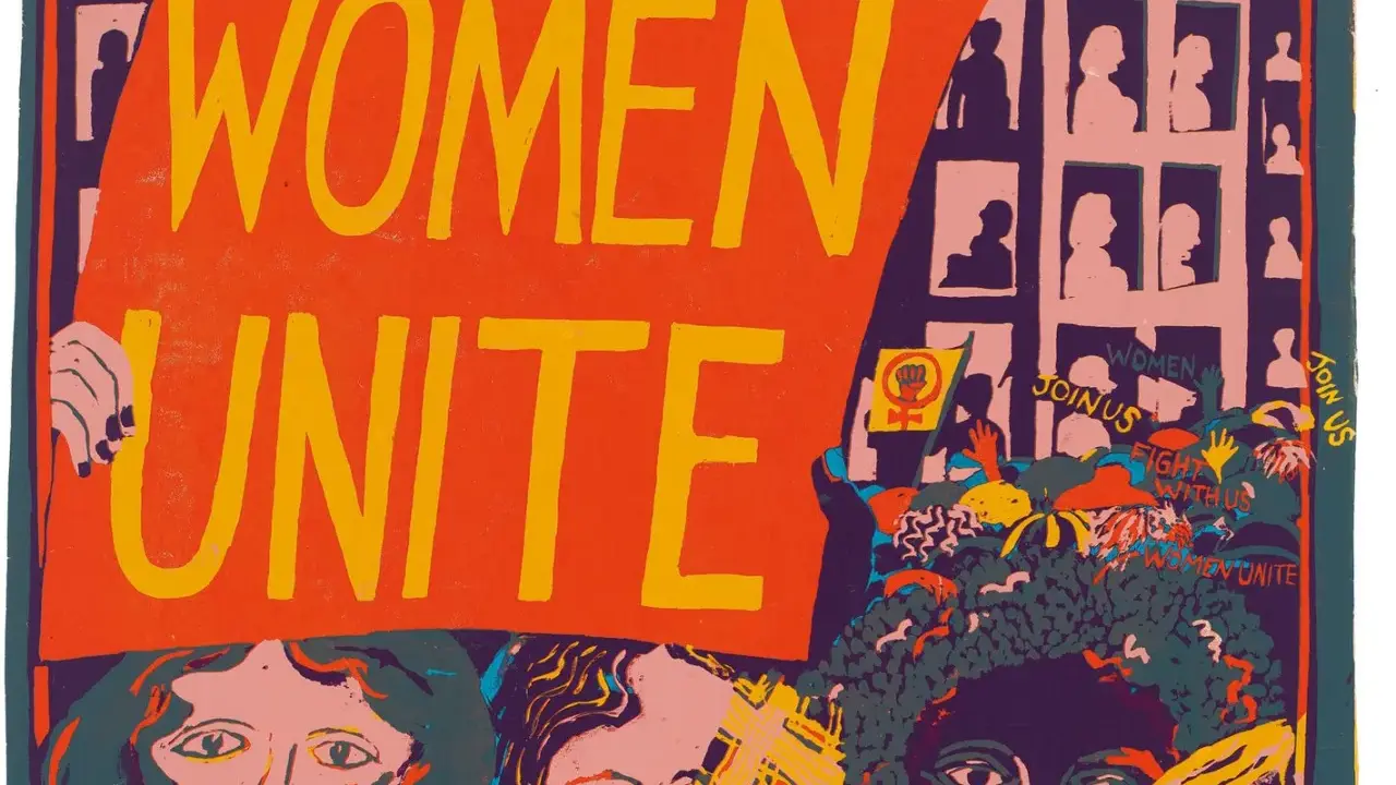 A vibrant poster, reminiscent of famous feminist art pieces, proclaims "WOMEN UNITE" in bold yellow letters on an orange background. Below, a diverse crowd of women with determined faces and raised fists are depicted, symbolizing solidarity and the fig...