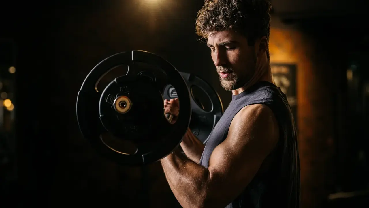 Mann mit lockigem Haar hebt Hantel im Fitnessstudio. Fokus auf Muskelaufbau und **bulking deutsch**.