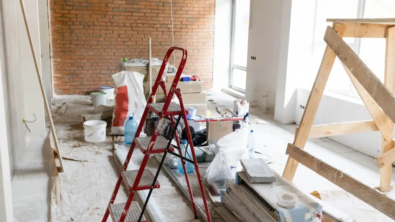 Remont w toku. Czym usunąć pył gipsowy? Na podłodze folia, drabina, wiadra, worki z materiałami budowlanymi i drewniane rusztowanie.