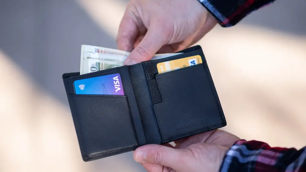 Dłonie wkładają pieniądze i kartę Visa do czarnego portfela.