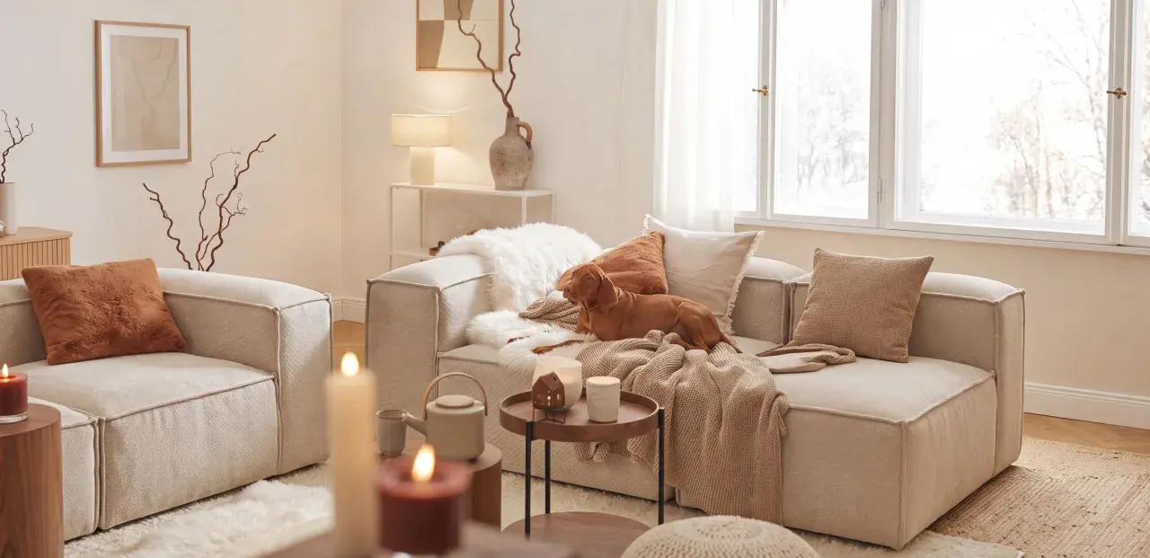 Un chien brun se repose sur un canapé dans un salon cosy. Des coussins douillets, des plaids et des bougies créent une atmosphère chaleureuse.