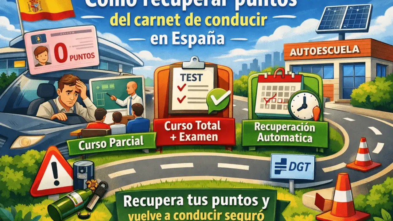 Ilustración de un **centro de recuperación de puntos** para el carnet de conducir en España. Muestra un conductor preocupado, clases, exámenes y la opción de recuperación automática.