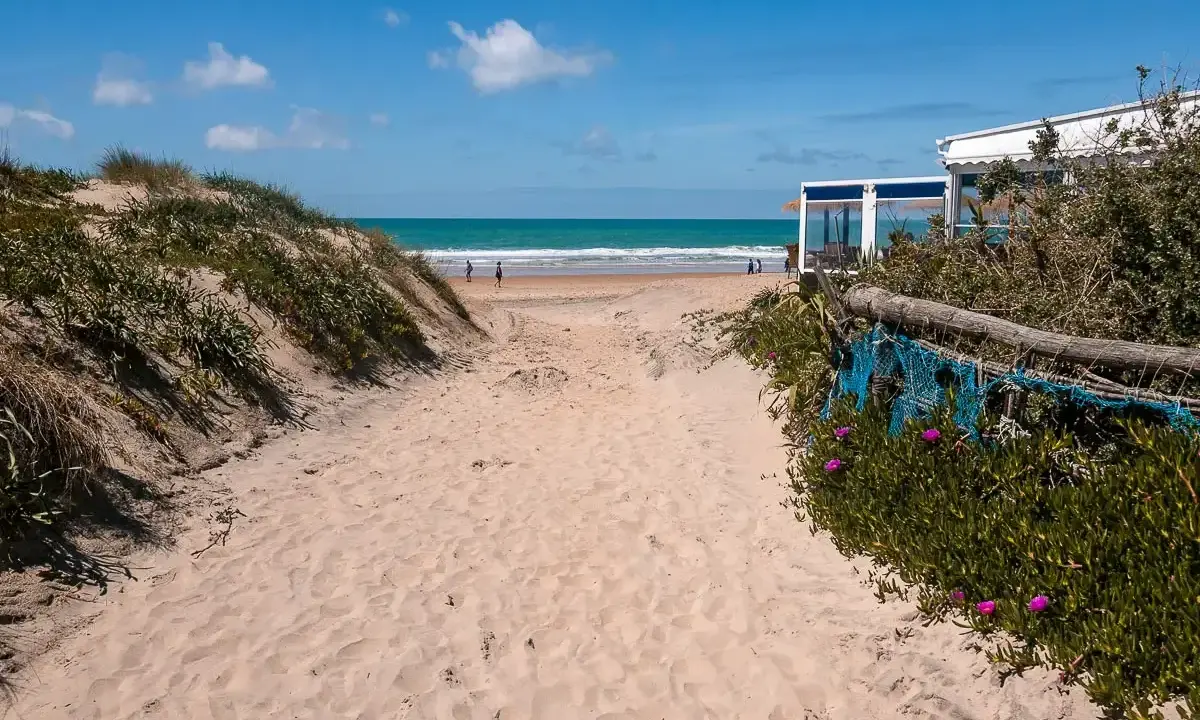 Sandiger Weg zum Conil de la Frontera Strand, mit Dünen, Meer und einem Strandcafé im Hintergrund.