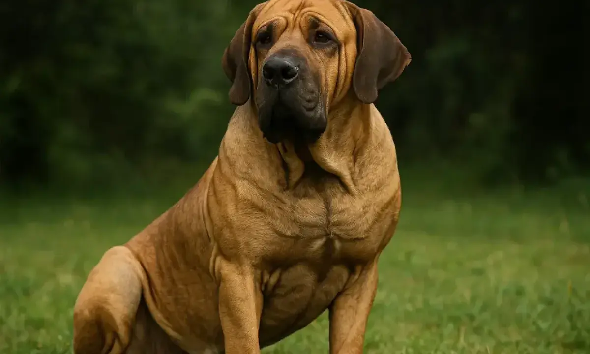 Un majestueux Fila Brasileiro, au pelage fauve, assis dans l'herbe verte, avec un regard attentif.