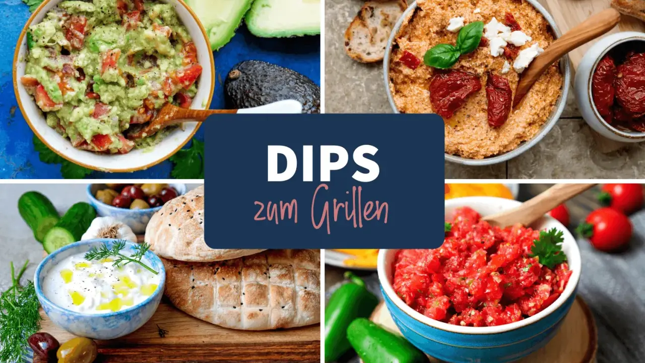 Vier bunte Dips zum Grillen: Guacamole, Tomaten-Dip, Joghurt-Dip und ein cremiger Dip mit getrockneten Tomaten. Perfekt für die nächste Grillparty!