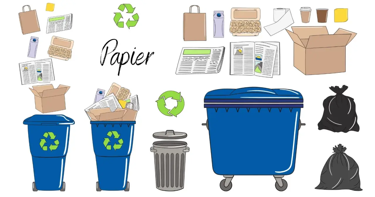 Ilustracja pokazuje, co się dzieje ze śmieciami: papierowe odpady trafiają do niebieskich pojemników na śmieci i worków, gotowe do recyklingu.