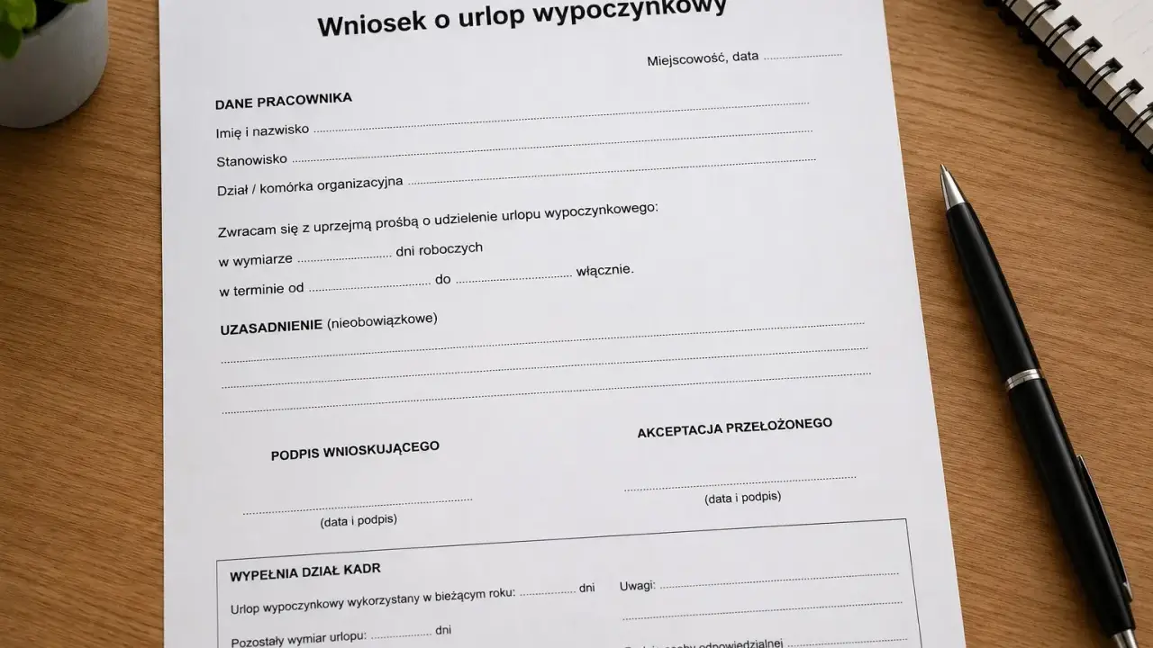Wniosek o urlop wypoczynkowy. Dokument zawiera pola do wypełnienia przez pracownika, przełożonego i dział kadr, dotyczące planowanego urlopu.