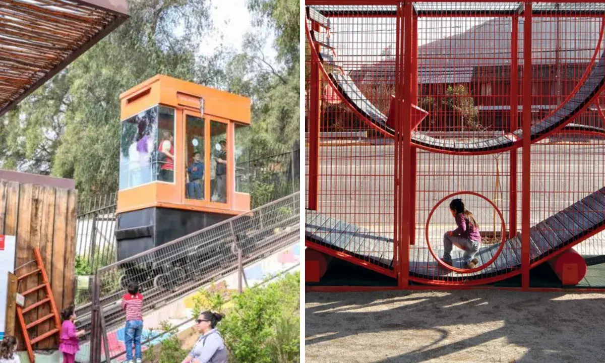 Un ascensor naranja transporta gente en Santiago, mientras una niña juega en una estructura roja.