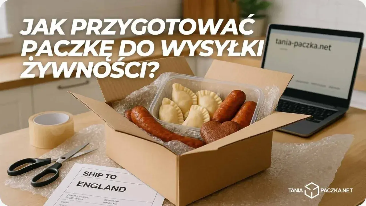 Jak przygotować paczkę z polskimi przysmakami do wysyłki? W pudełku pierogi, kiełbaski i piernik. Obok taśma, nożyczki i etykieta "Ship to England".