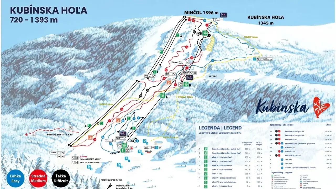 Mapa strediska Kubínska hoľa s vyznačenými zjazdovkami, lanovkami a vleklami.