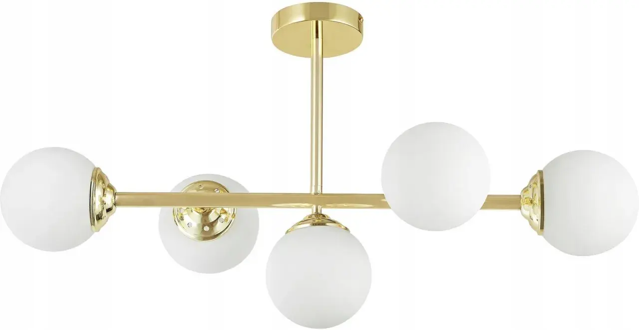 Elegancka lampa kule srebrna z pięcioma mlecznymi kloszami na złotym stelażu.