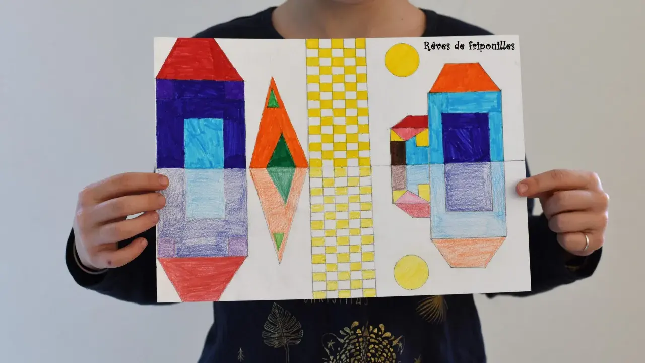 Une œuvre d'enfant illustrant la symétrie dans l'art, avec des formes géométriques colorées évoquant des maisons et des éléments abstraits, le tout dans un style ludique.