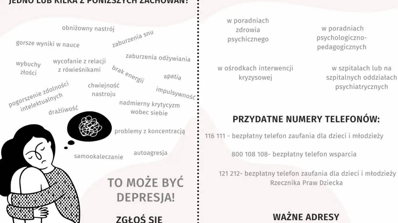 Jak pomóc dziecku w depresji? Grafika pokazuje objawy, miejsca pomocy i telefony zaufania. Zgłoś się do specjalisty!