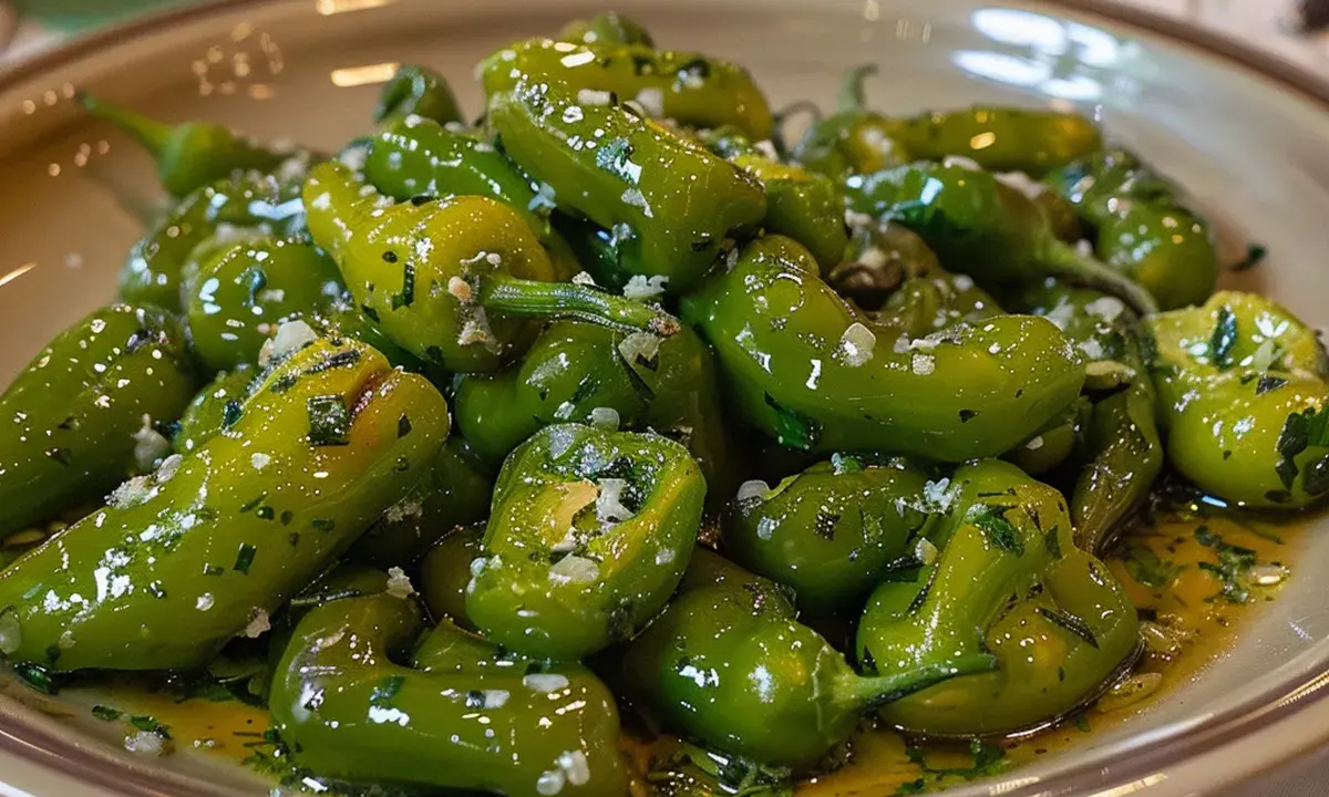 Pimientos verdes tiernos, recién salteados en aceite de oliva con ajo y perejil. Un delicioso aperitivo para freír pimientos verdes.