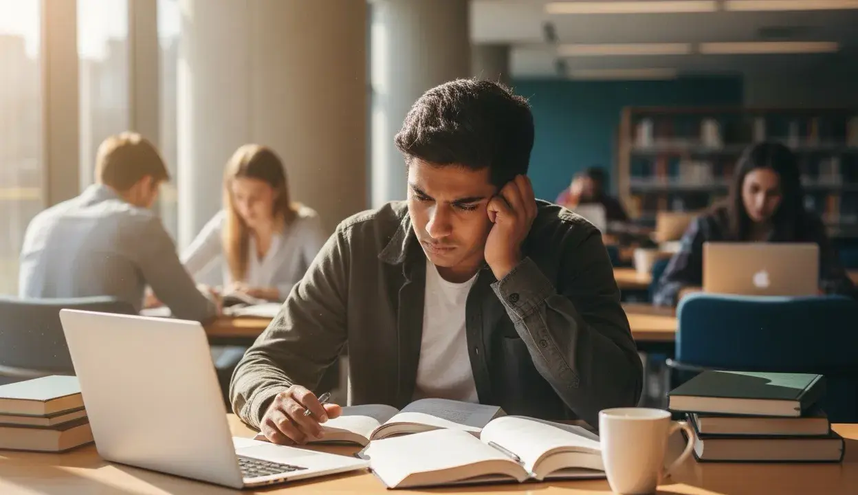 Zrezygnowany student pochyla się nad książkami, przygotowując się do nieudanego egzaminu poprawkowego na studiach.
