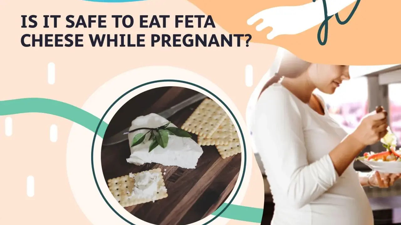 Gravid kvinna äter sallad. Bilden visar fetaost och kex, och frågar om det är säkert att äta fetaost när man är gravid.