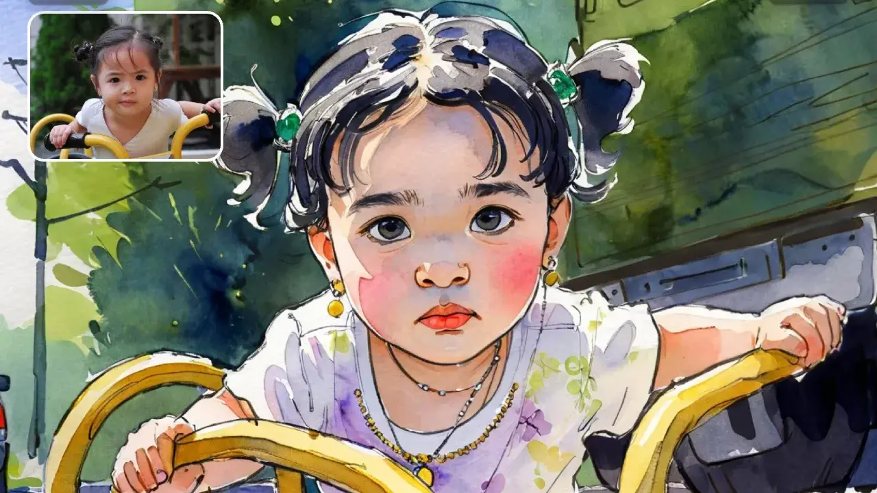 Niña con coletas y pendientes amarillos, transformada de foto a acuarela, sentada en un volante amarillo.