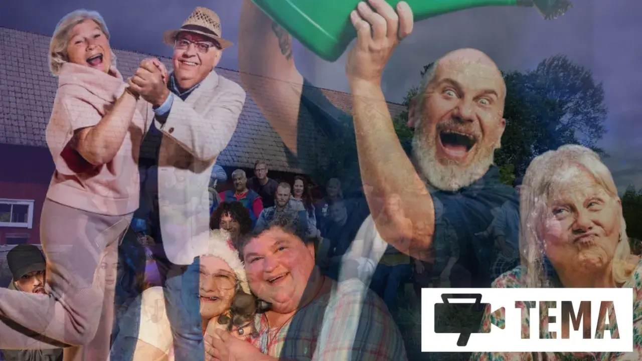 Glada människor i olika situationer, en del dansar, en del skrattar, en del håller i en vattenkanna. En montagebild som ger en känsla av reality serier sverige.