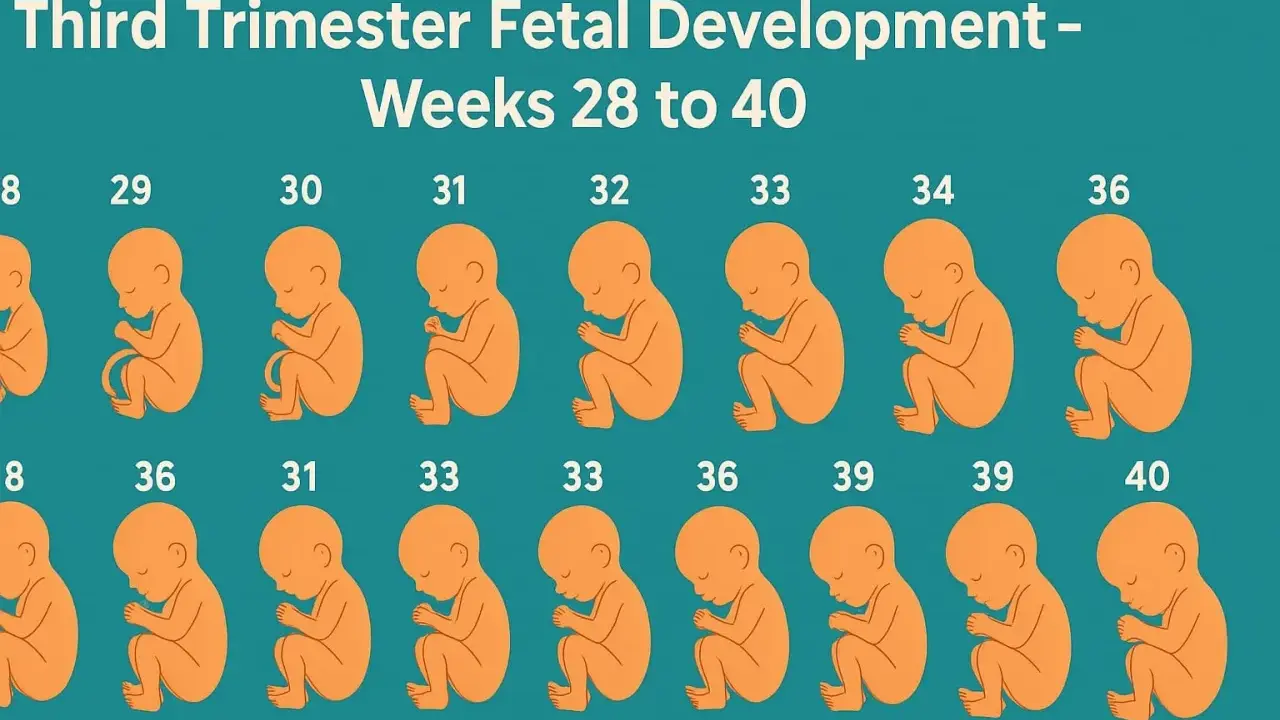 Ilustración del desarrollo fetal en el tercer trimestre de embarazo, mostrando fetos de 28 a 40 semanas.