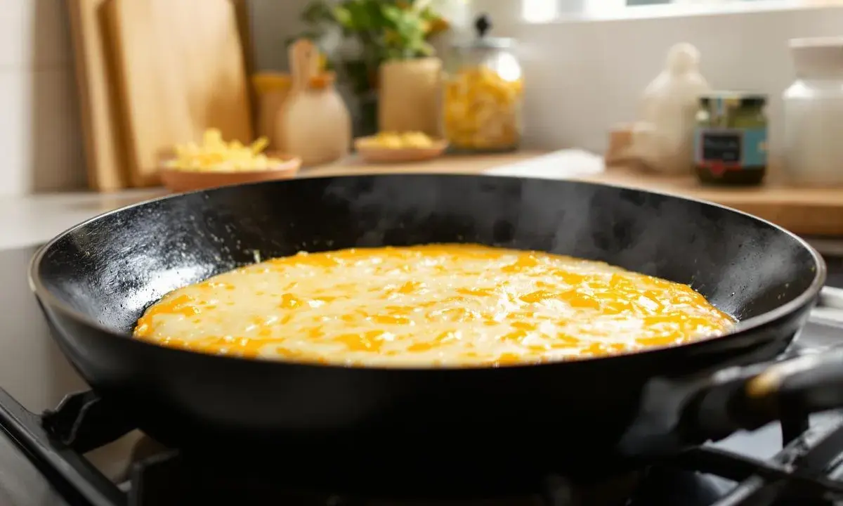 Schmelzender Käse in der Pfanne, dampfend und goldgelb. Der Mozzarella schmilzt perfekt und verlockt zum sofortigen Genuss.