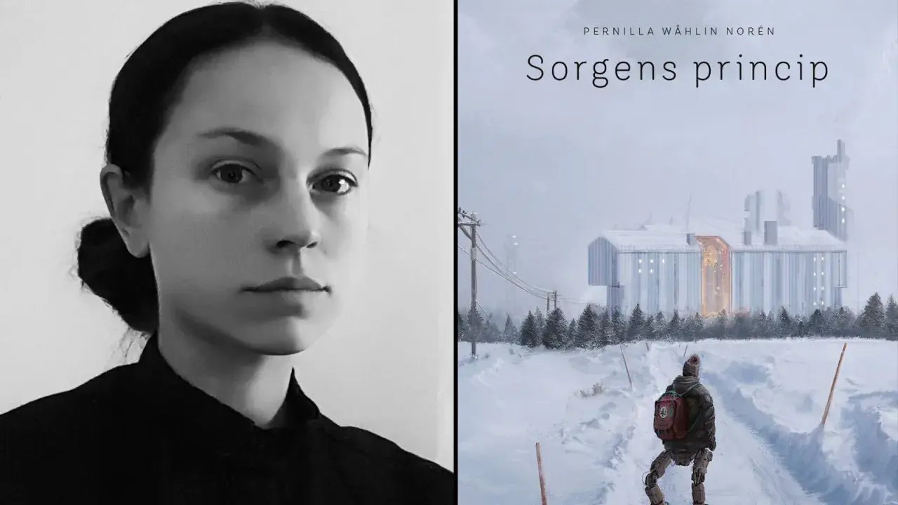 Pernilla Wåhlin Norén, författaren till "Sorgens princip", porträtterad bredvid bokomslagets dystopiska vinterlandskap med en ensam figur på väg mot en industriell byggnad.