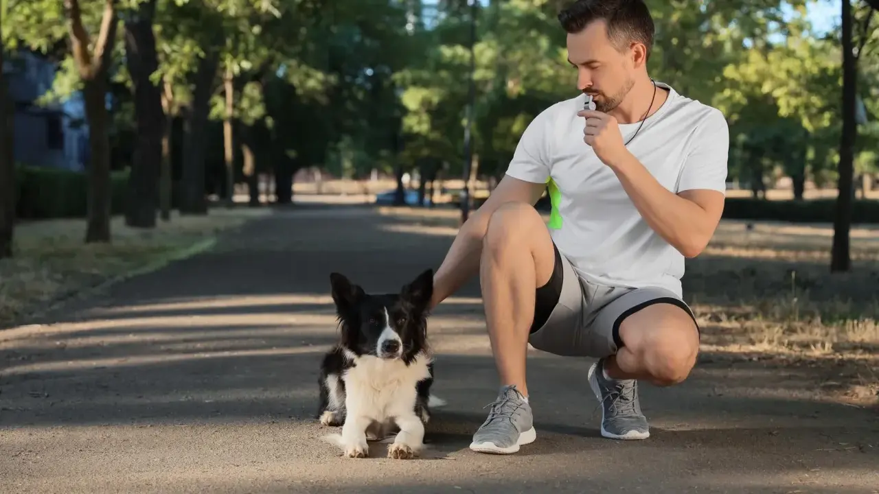 Trener z gwizdkiem dla psa w parku, ćwiczący ze swoim czarnym i białym psem rasy Border Collie.