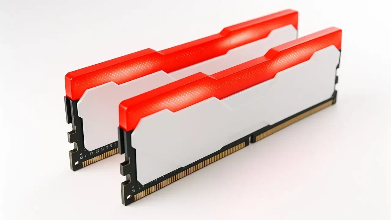 Deux barrettes de RAM pour PC portable, blanches avec un éclairage LED rouge vif. Idéal pour ajouter de la performance.