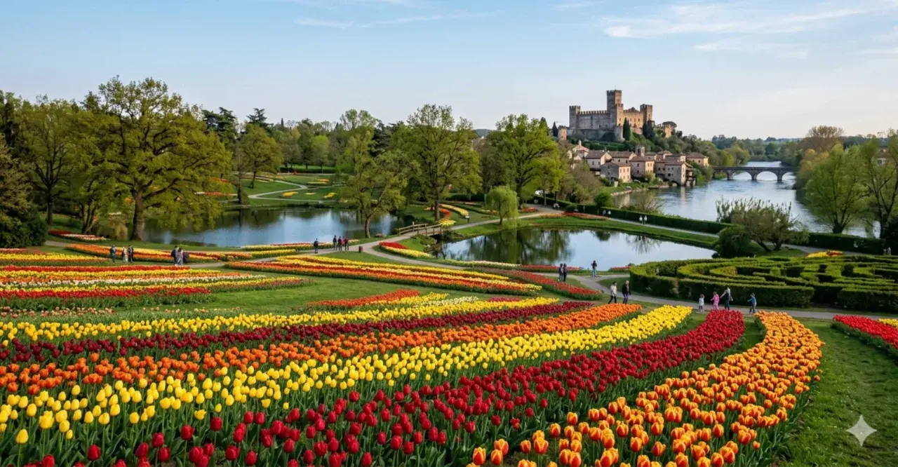 Un tripudio di tulipani colorati, un lago e un castello sullo sfondo: la primavera in Italia è uno spettacolo.