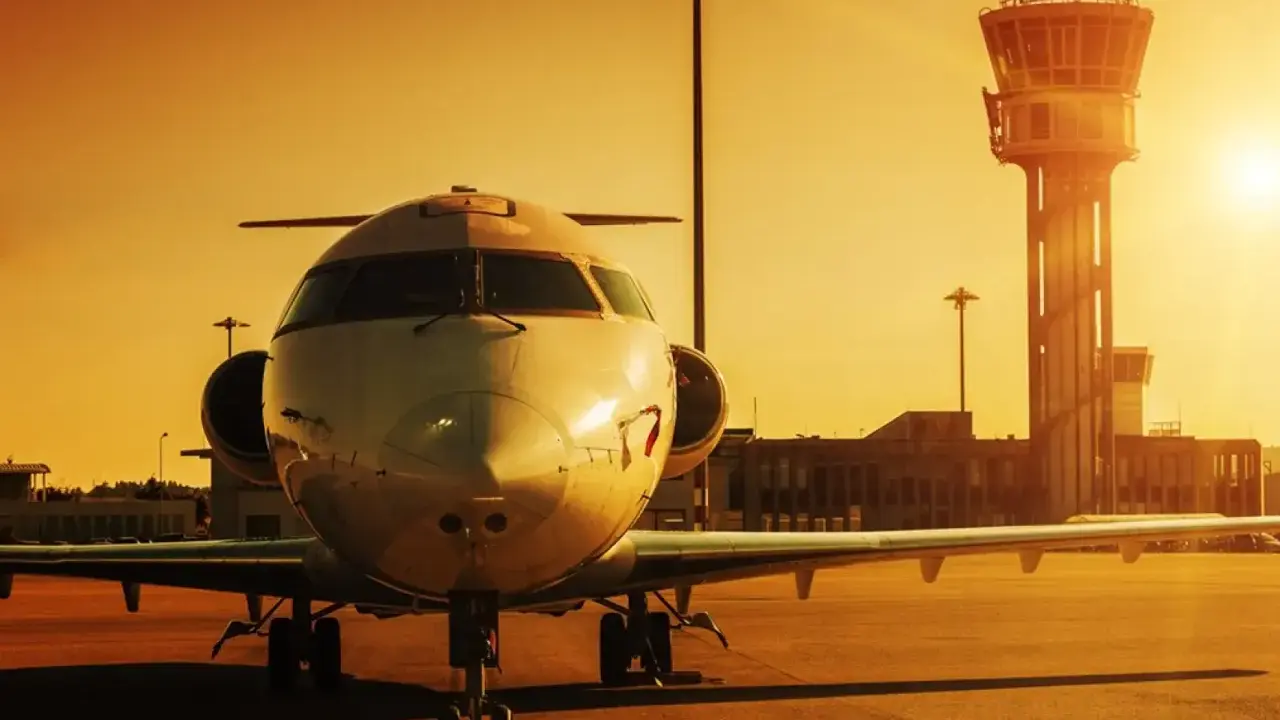 Ett privatjet står parkerat på en flygplats på Cypern vid solnedgången, med kontrolltornet i bakgrunden.