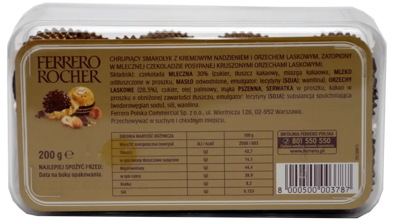 Opakowanie Ferrero Rocher. Tabela wartości odżywczych podaje, że 100g ma 2506/603 kcal.