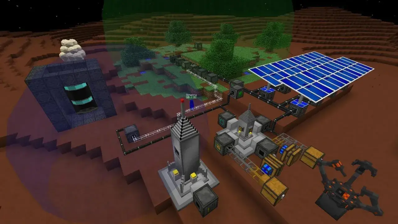 Baza na Marsie z panelami słonecznymi i robotem. To przykład najlepszych modów do Minecraft, które pozwalają na budowanie zaawansowanych instalacji.