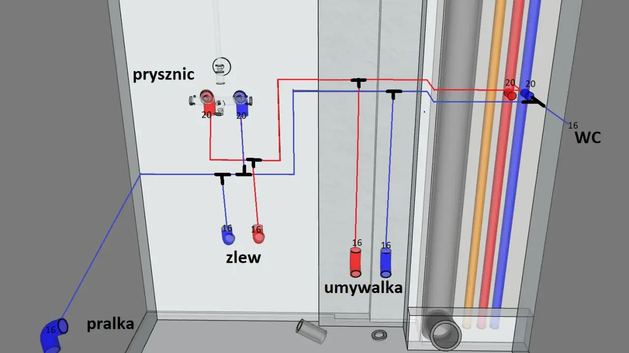 Schemat instalacji wodnej PEX: połączenia do pralki, zlewu, umywalki, prysznica i WC.