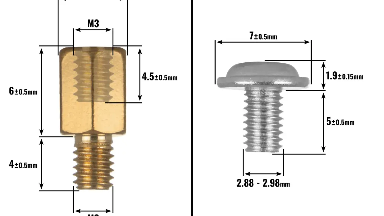 Vis et entretoise M3 pour carte mère, avec dimensions précises pour un montage parfait.