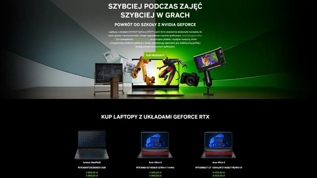 Laptopy z kartami NVIDIA GeForce RTX - idealne do nauki, gier i tworzenia. Sprawdź, jakie parametry powinien mieć dobry laptop, by sprostać tym wyzwaniom.