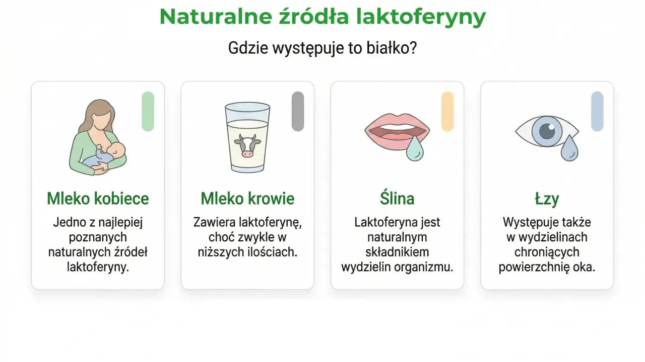 Naturalne źródła laktoferyny: mleko kobiece, krowie, ślina i łzy. Laktoferyna to białko występujące w wydzielinach organizmu.