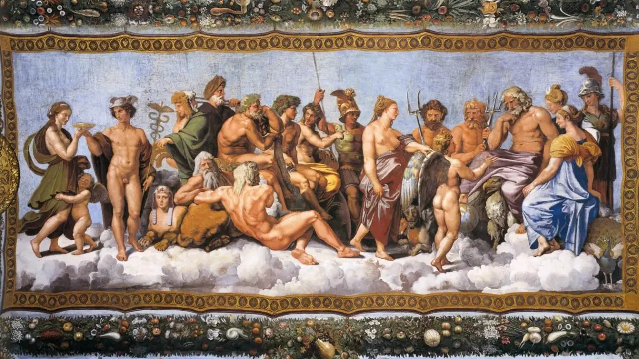 Bogowie Olimpu w chmurach. Wspaniała scena z mitologii greckiej, gdzie Zeus zasiada na tronie, otoczony przez innych bogów i boginie.