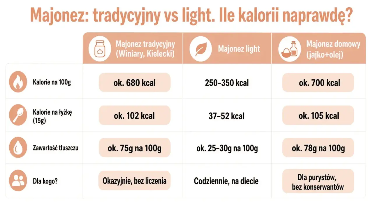 Tabela porównuje kalorie majonezu tradycyjnego Winiary, light i domowego. Majonez lekki ma 250-350 kcal na 100g.