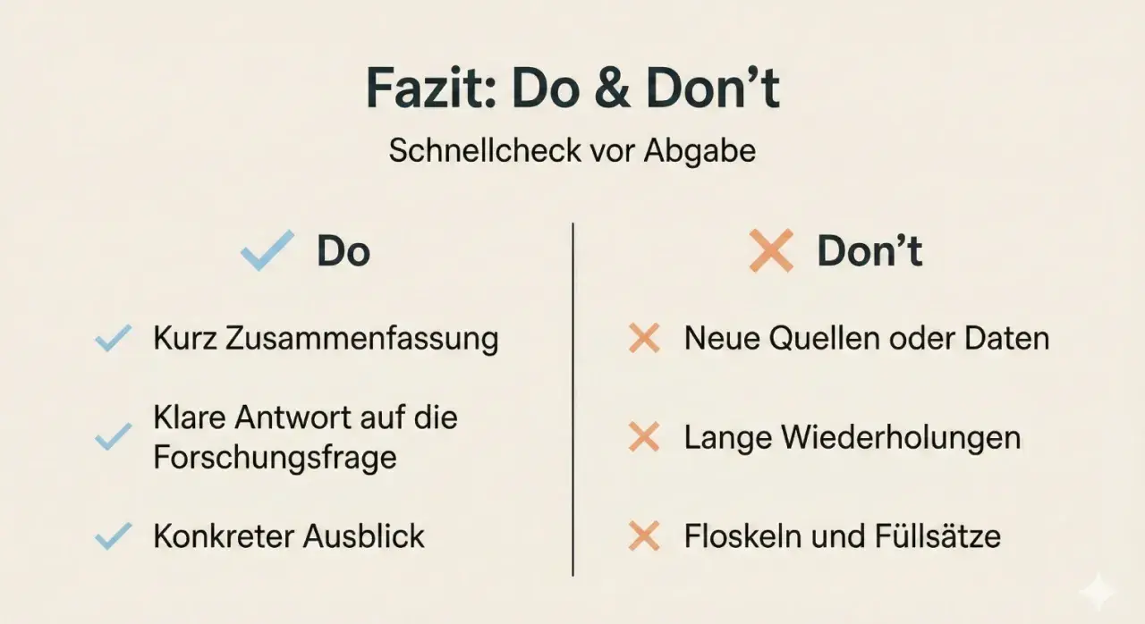 Der **Erzähler** zeigt eine Checkliste mit Do's und Don'ts für eine Abgabe: Kurzfassung, klare Antwort, Ausblick sind gut. Neue Quellen, Wiederholungen, Füllsätze sind schlecht.
