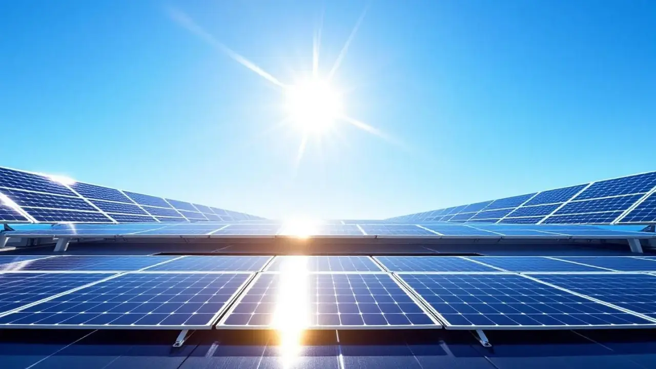 Panneaux solaires sous un ciel bleu éclatant, illustrant le principe du photovoltaïque.