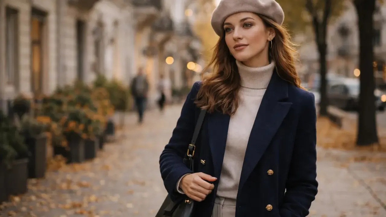 Elegancka kobieta w beżowym beretu i granatowym płaszczu spaceruje po jesiennej ulicy. Oto jak nosić beret damski, by wyglądać stylowo.
