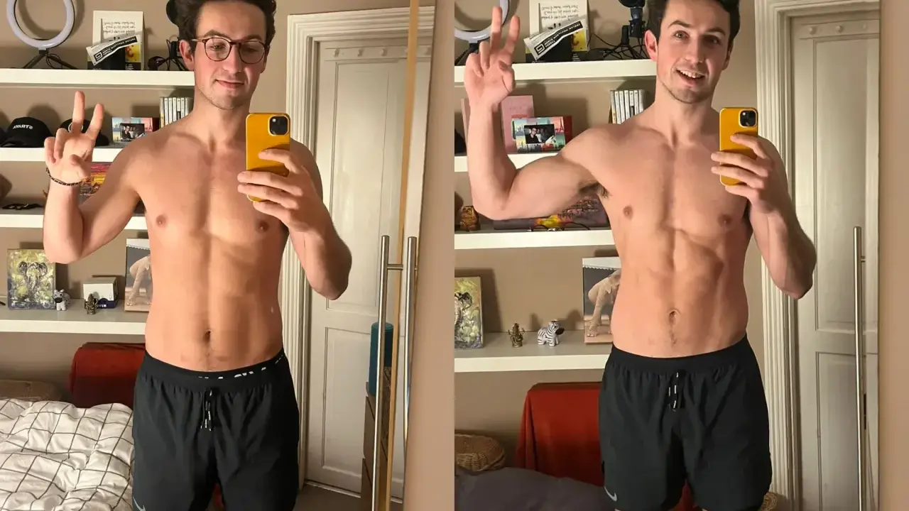 Mann zeigt Fortschritte im hypertrophie training, mit sichtbaren Muskeldefinitionen und einem strafferen Körperbau.