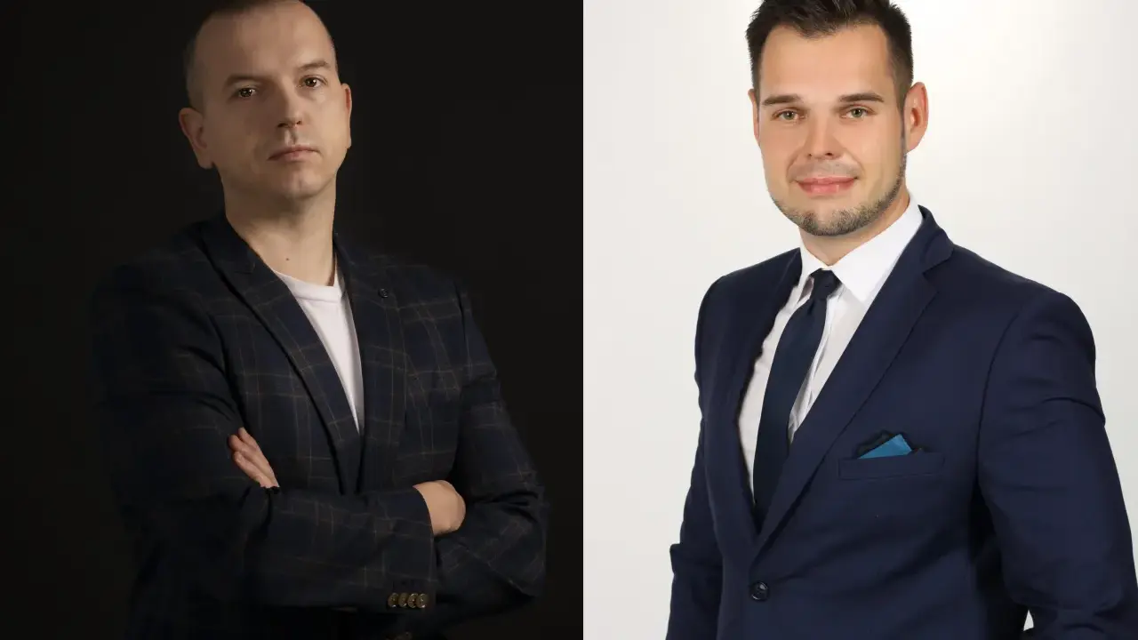 Dwaj mężczyźni w garniturach, jeden na ciemnym tle, drugi na jasnym.