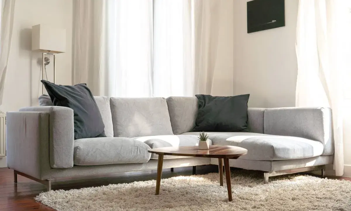 Un cómodo cheslón gris con cojines oscuros, alfombra mullida y mesa de centro de madera.