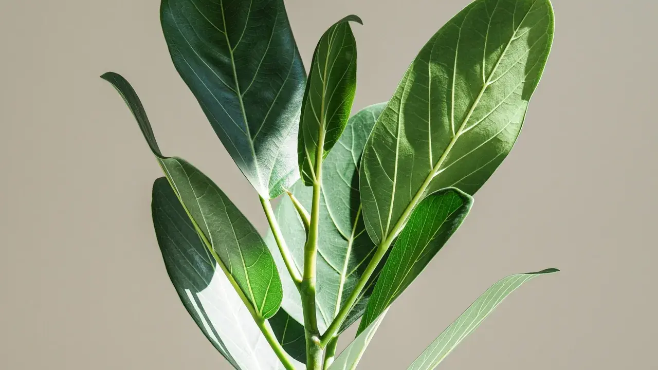 En närbild på en Ficus binnendijkii med sina stora, gröna blad som fångar solljuset.
