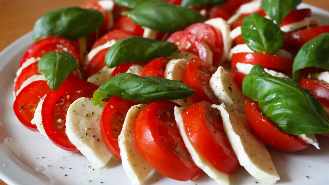 Kolorowe pomidory z mozzarellą i listkami bazylii, doprawione pieprzem, tworzą apetyczną sałatkę Caprese.
