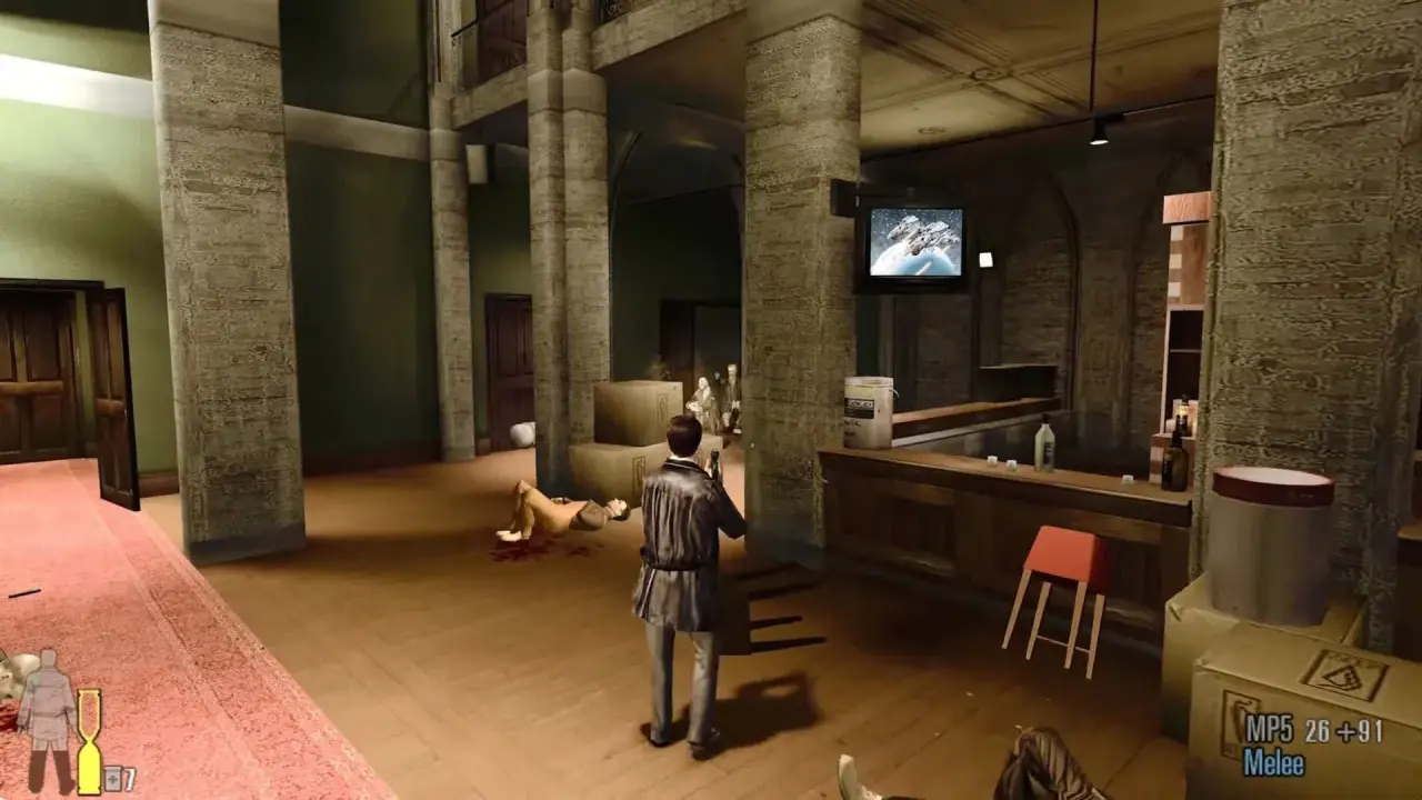 Max Payne 2: The Fall of Max Payne. Max wkracza do baru, gdzie czeka go kolejna strzelanina.
